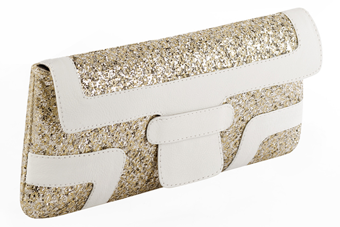 Gold and off white women's dress clutch, for weddings, ceremonies, cocktails and parties. Front view - Florence KOOIJMAN